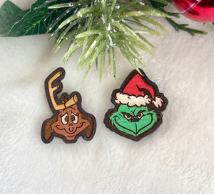 Holiday Green Man & Furry Friend Wooden Post Earrings