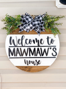 Black on White Welcome to Grandparents Customizable 18” Door Hanger with Buffalo Plaid Bow