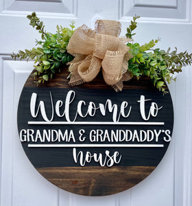 White on Black Welcome to Grandparents Customizable 18” Door Hanger with Burlap Bow